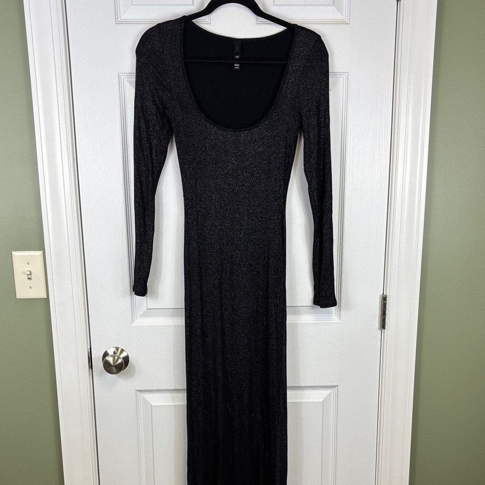 Skims soft lounge long sleeve square neck maxi dress onyx foil sz med - Picture 3 of 10